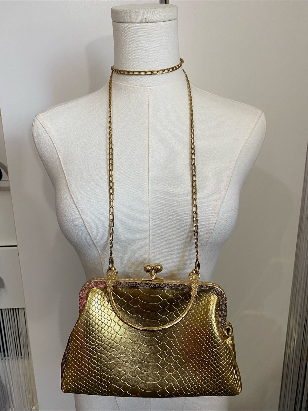Metallic Gold Kiss Lock Croc Embossed Bag